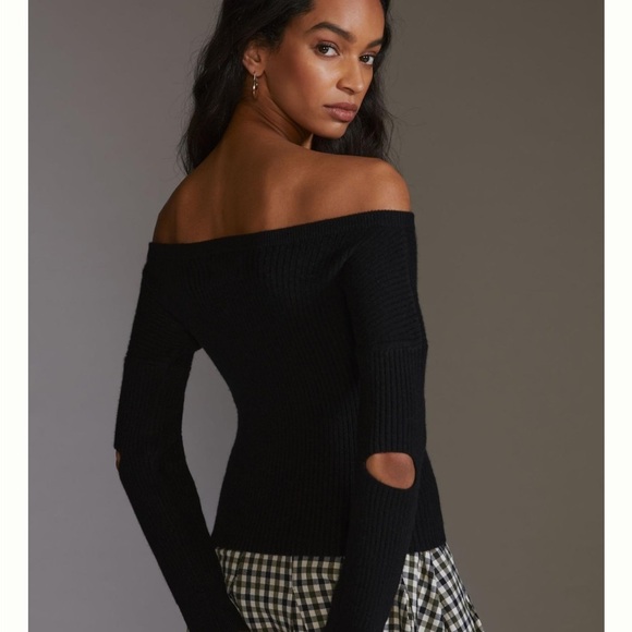 By Anthropologie Off-The-Shoulder Cashmere Sweater black ribbed women’s large
